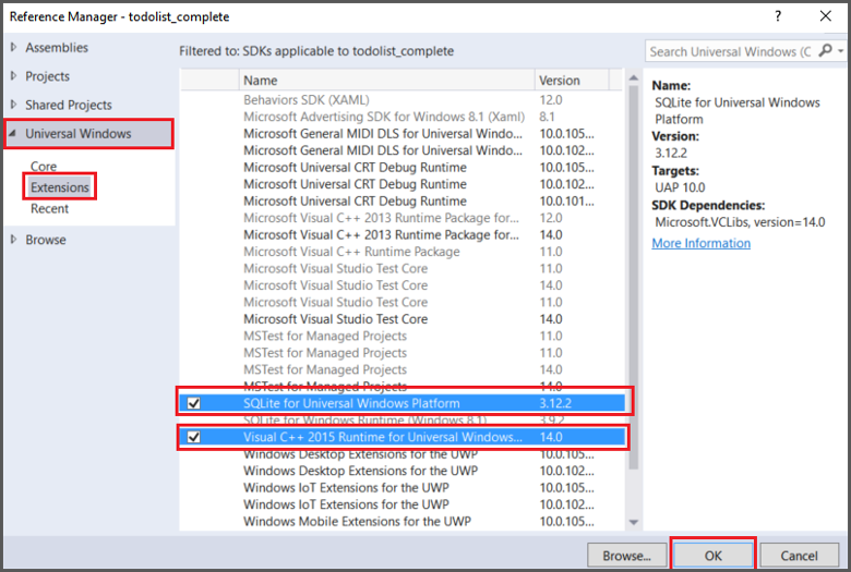 Ajouter une référence SQLite UWP