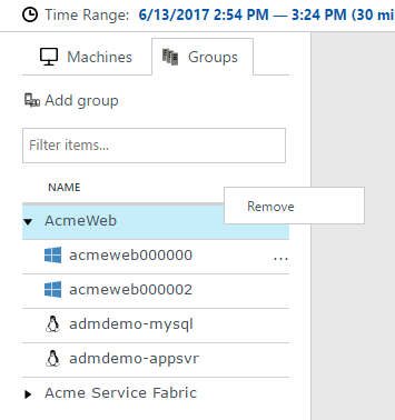 Capture d’écran montrant la suppression d’une machine d’un groupe.