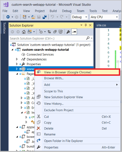 Capture d’écran de l’Explorateur de solutions, avec sélection de l’option Afficher dans le navigateur dans le menu contextuel de wwwroot