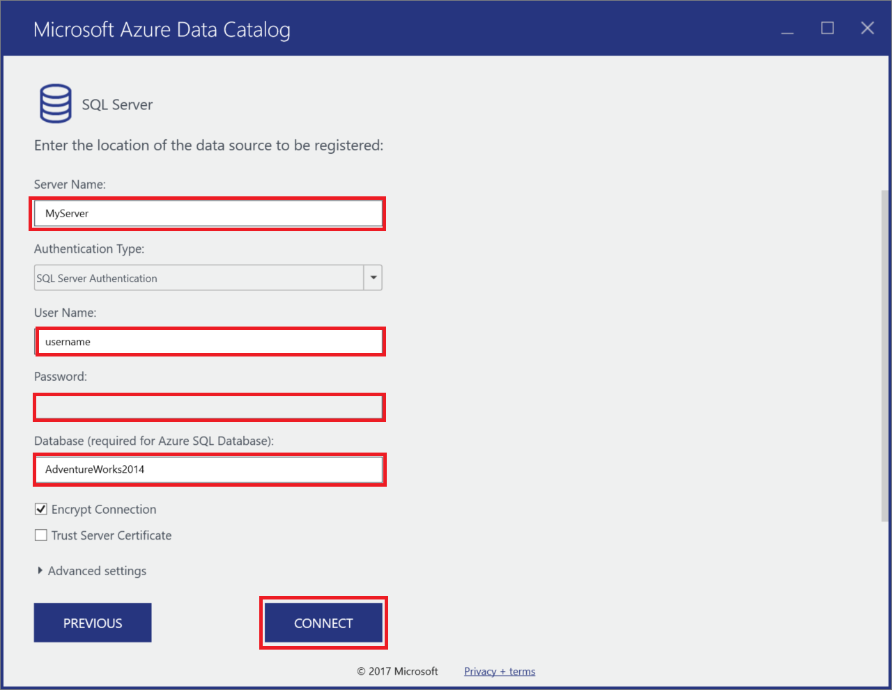 Dans la page des propriétés de connexion du serveur SQL, les zones de texte sont mises en surbrillance pour ces attributs : Nom du serveur, Nom d’utilisateur, Mot de passe et Base de données. Le bouton Se connecter est ensuite sélectionné.