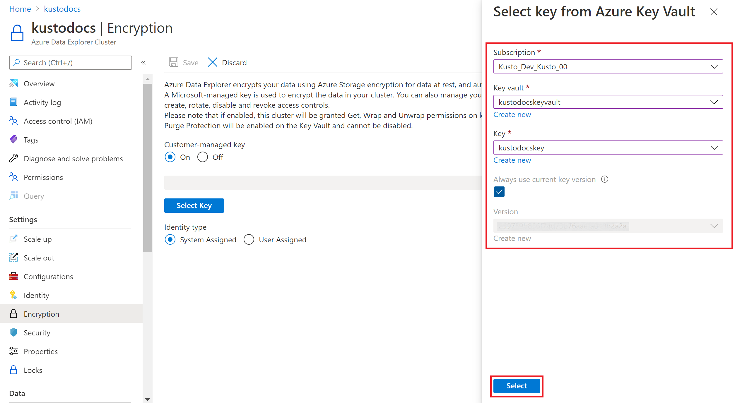 Sélectionner une clé dans Azure Key Vault.