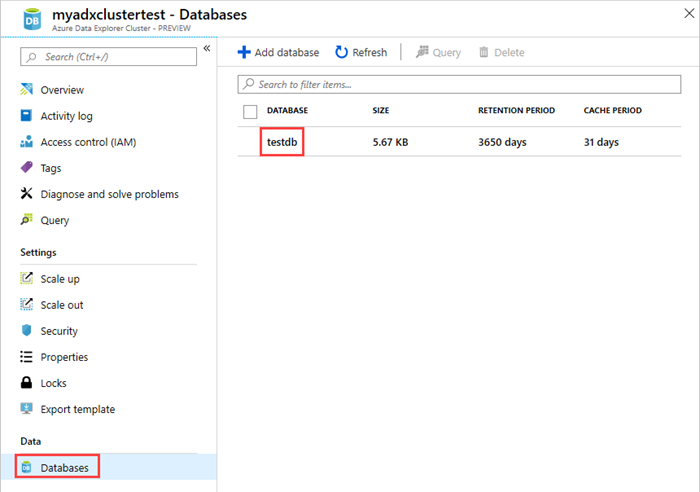 Capture d’écran de l’interface utilisateur web Azure Data Explorer montrant une liste de bases de données avec testdb sélectionnée.