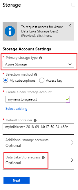 Paramètres du compte de stockage HDInsight - Stockage supplémentaire