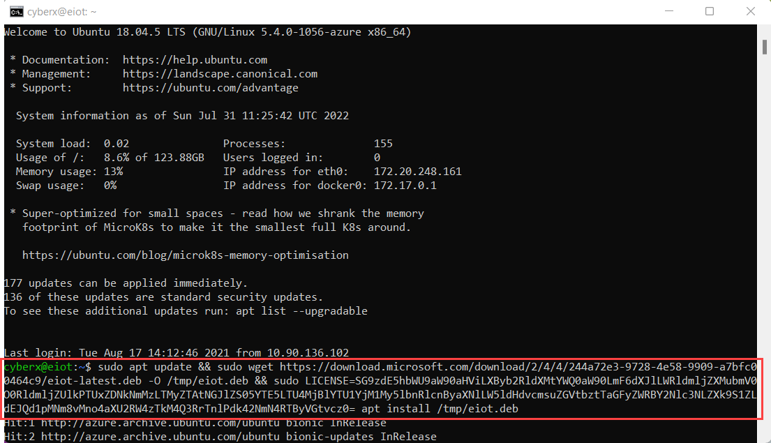 Capture d'écran de l'exécution de la commande pour installer le logiciel de surveillance des capteurs Enterprise IoT.