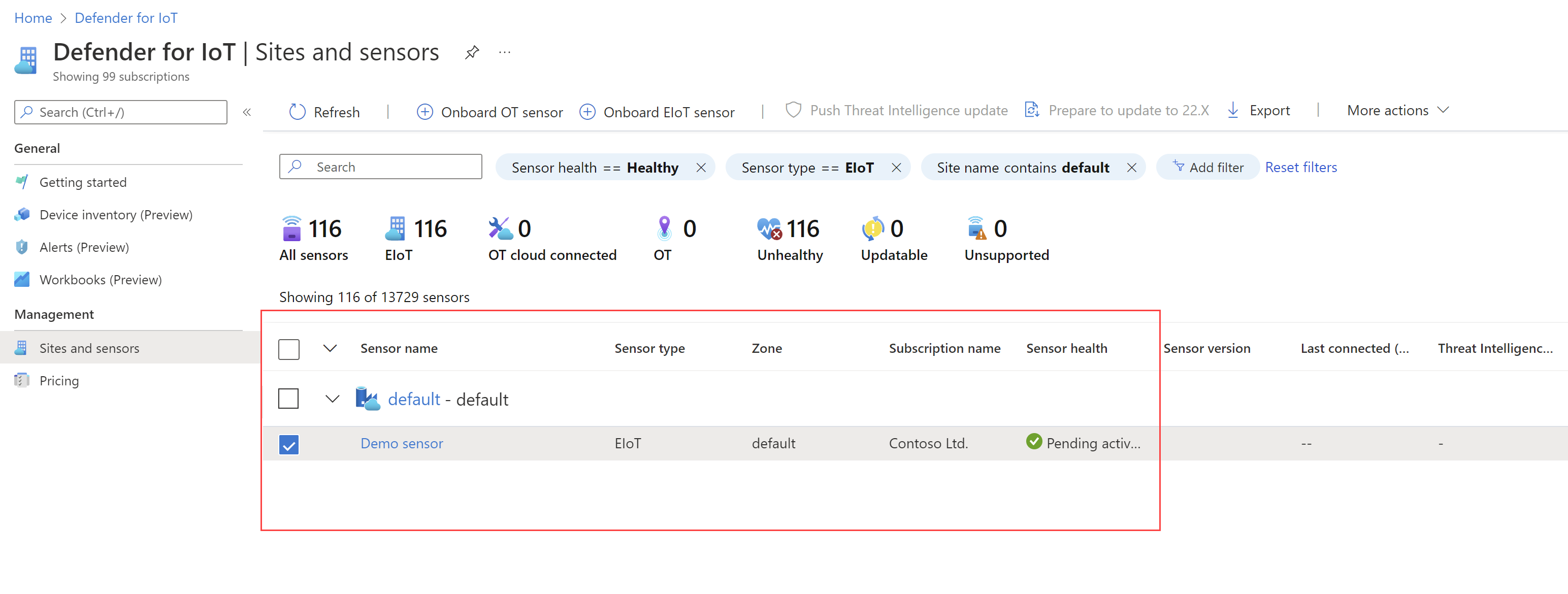 Capture d'écran de votre nouveau capteur Enterprise IoT répertorié dans la page Sites et capteurs.