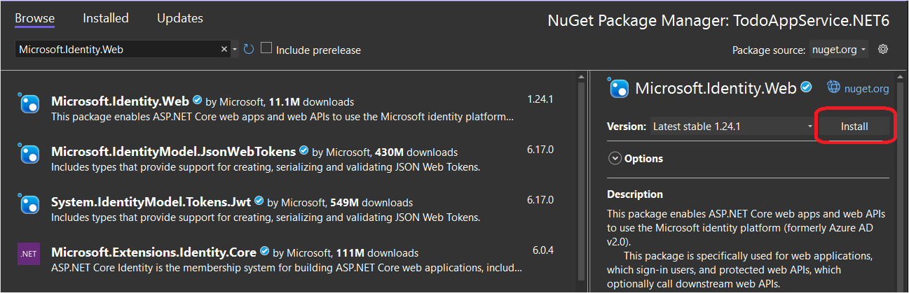 Capture d’écran de l’ajout du nuGet M S A L dans Visual Studio.