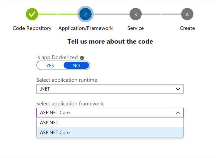 Sélection de l’infrastructure d’application dans le menu déroulant