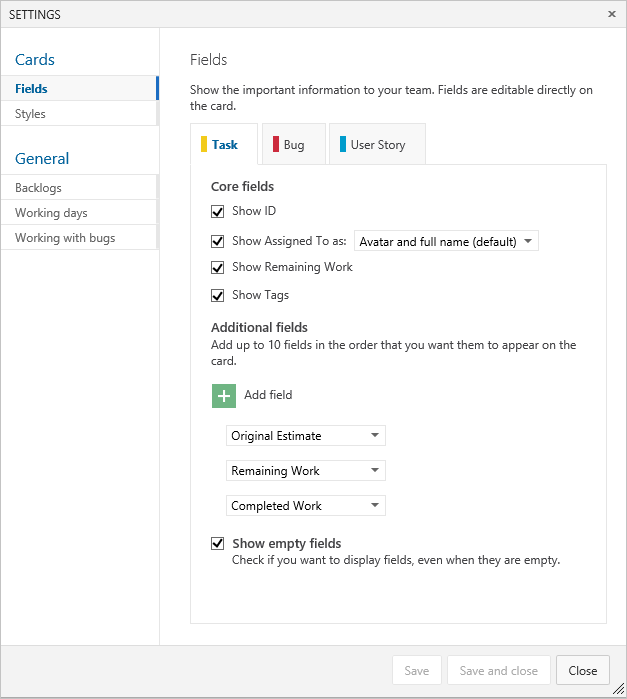 taskboard, card customization dialog