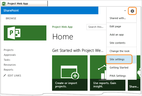 Open site settings for PWA (PS 2013)