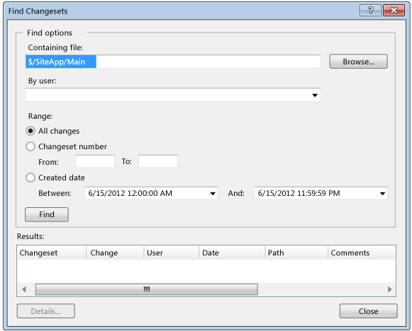 Find Changesets dialog box