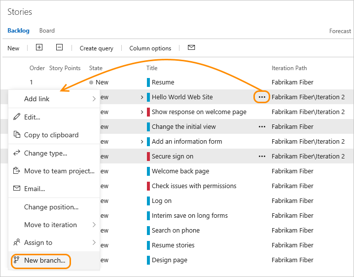 Screenshot of backlog, context menu, choose Link multiple backlog items to a git branch, TFS 2017 version.