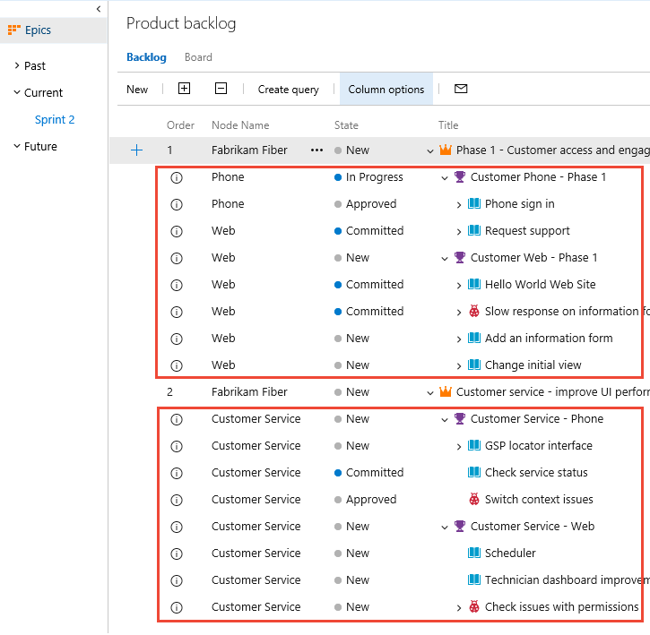 Example that shows the Epics backlog for the Management team, TFS 2017 and TFS 2018 versions.