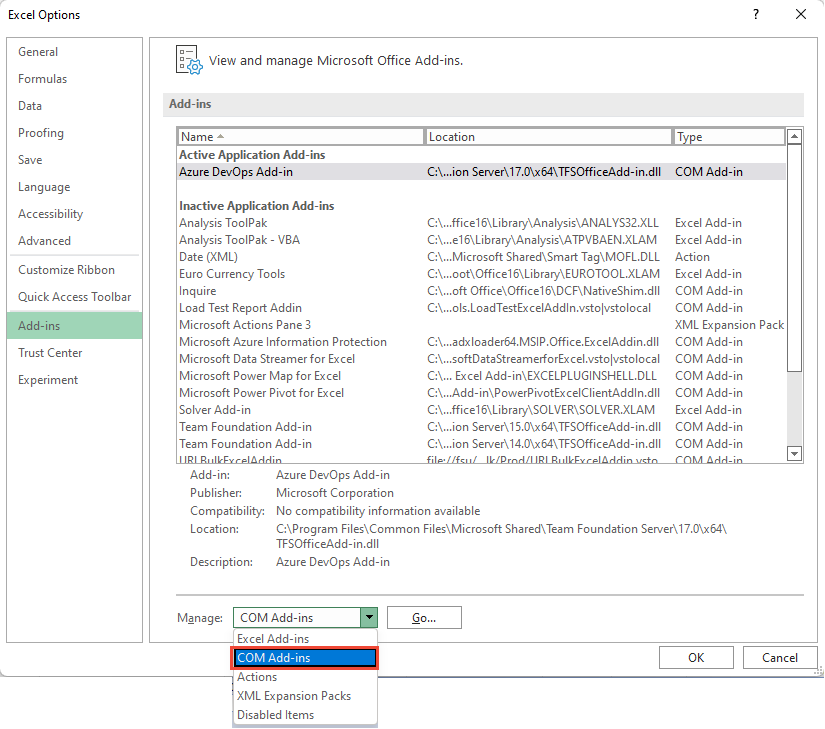 Screenshot of Excel Options, Add-ins, Choose Com Add-ins.