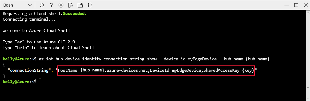 Capture d’écran montrant la sortie de la chaîne connectionString dans Cloud Shell.