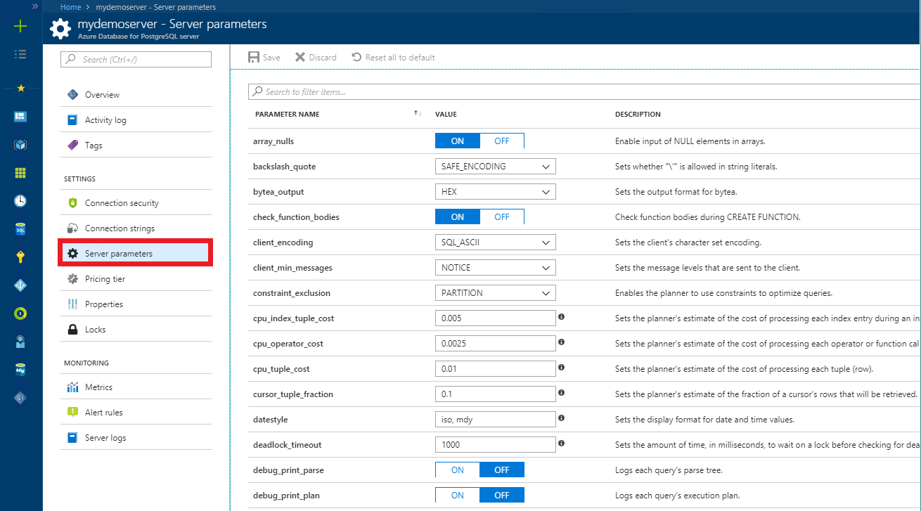 Overview Page for Parameters