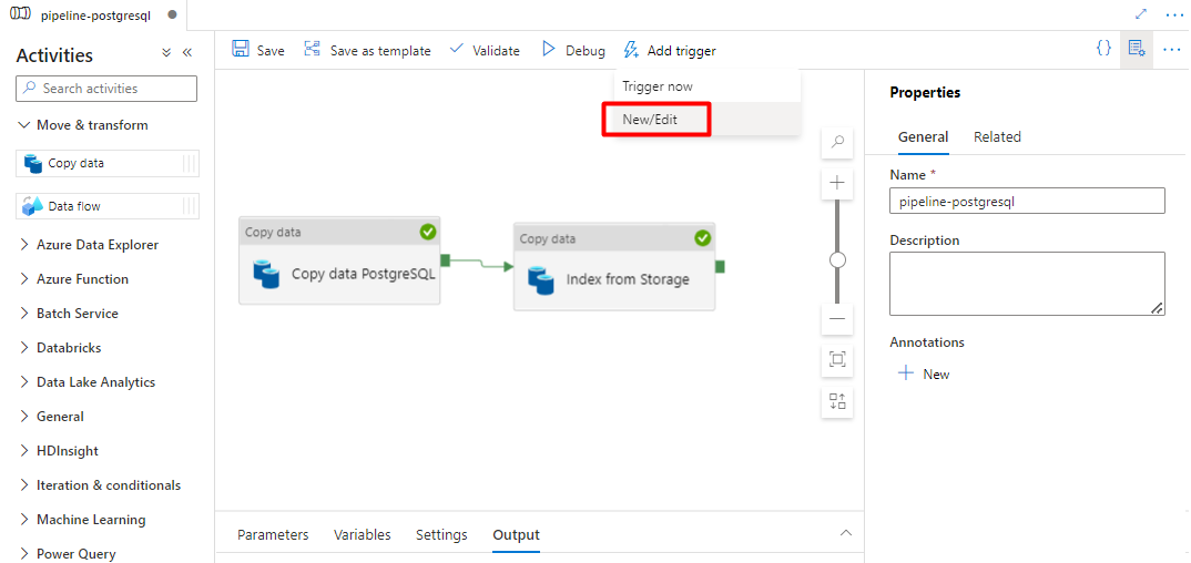 Capture d’écran montrant comment ajouter un nouveau déclencheur pour un pipeline dans Data Factory.