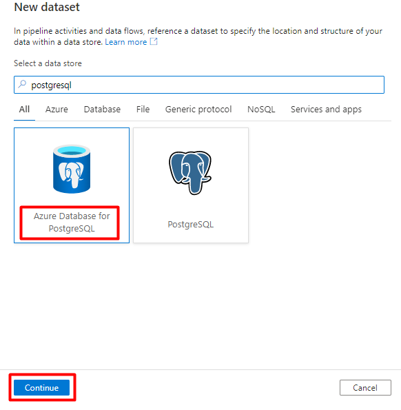 Capture d’écran montrant comment choisir un magasin de données PostgreSQL pour un jeu de données dans Azure Data Factory.