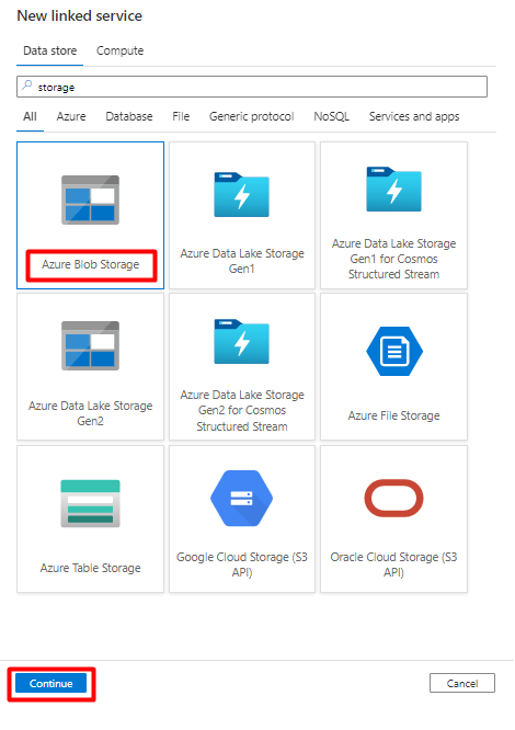 Capture d’écran montrant comment choisir un nouveau service lié Stockage blob à utiliser comme récepteur pour Snowflake dans Azure Data Factory.