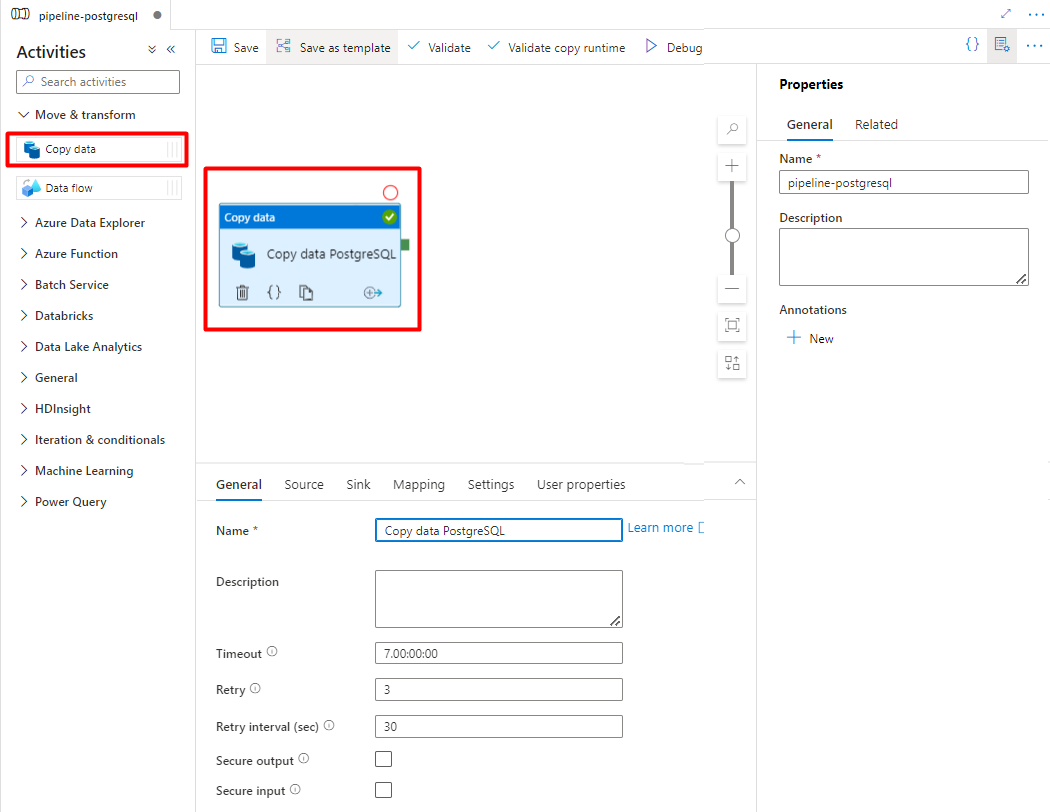 Capture d’écran montrant comment faire un glisser-déposer dans Azure Data Factory pour copier des données à partir de PostgreSQL.