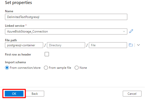 Capture d’écran montrant comment définir les propriétés PostgreSQL pour un jeu de données dans Azure Data Factory.