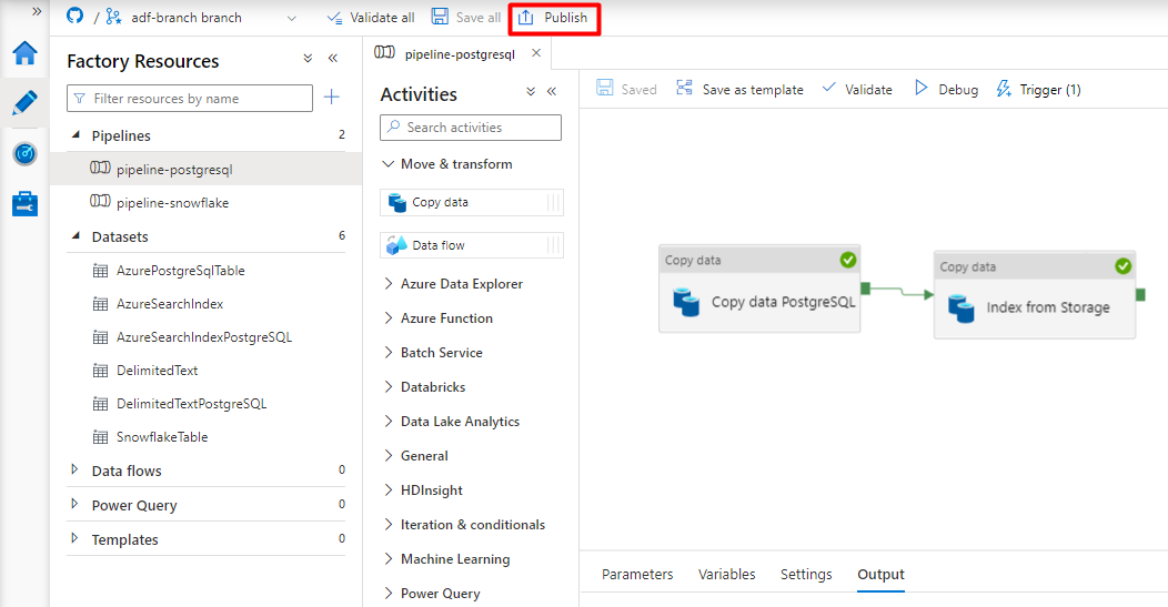 Capture d’écran montrant comment publier un pipeline dans Data Factory pour la copie de données PostgreSQL.