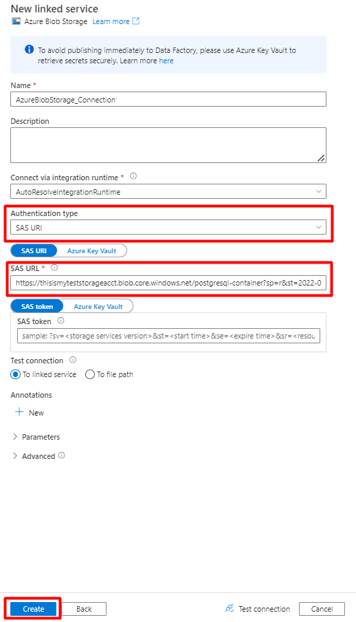 Capture d’écran montrant comment remplir le formulaire du nouveau service lié Recherche dans Azure Data Factory avec ses propriétés à importer à partir de PostgreSQL.