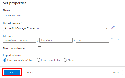 Capture d’écran montrant comment configurer les propriétés du jeu de données de stockage pour Snowflake dans Azure Data Factory.