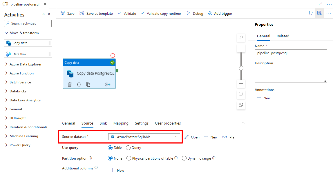 Capture d’écran montrant comment configurer la source pour importer des données de PostgreSQL dans un objet blob de stockage Azure dans la phase d’indexation.