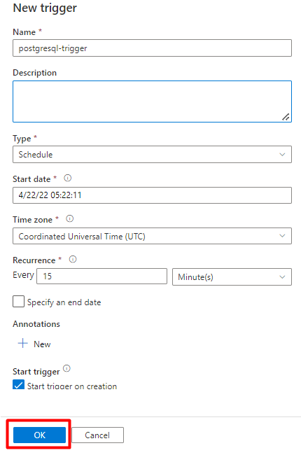 Capture d’écran montrant comment configurer un déclencheur pour exécuter un pipeline dans Data Factory.