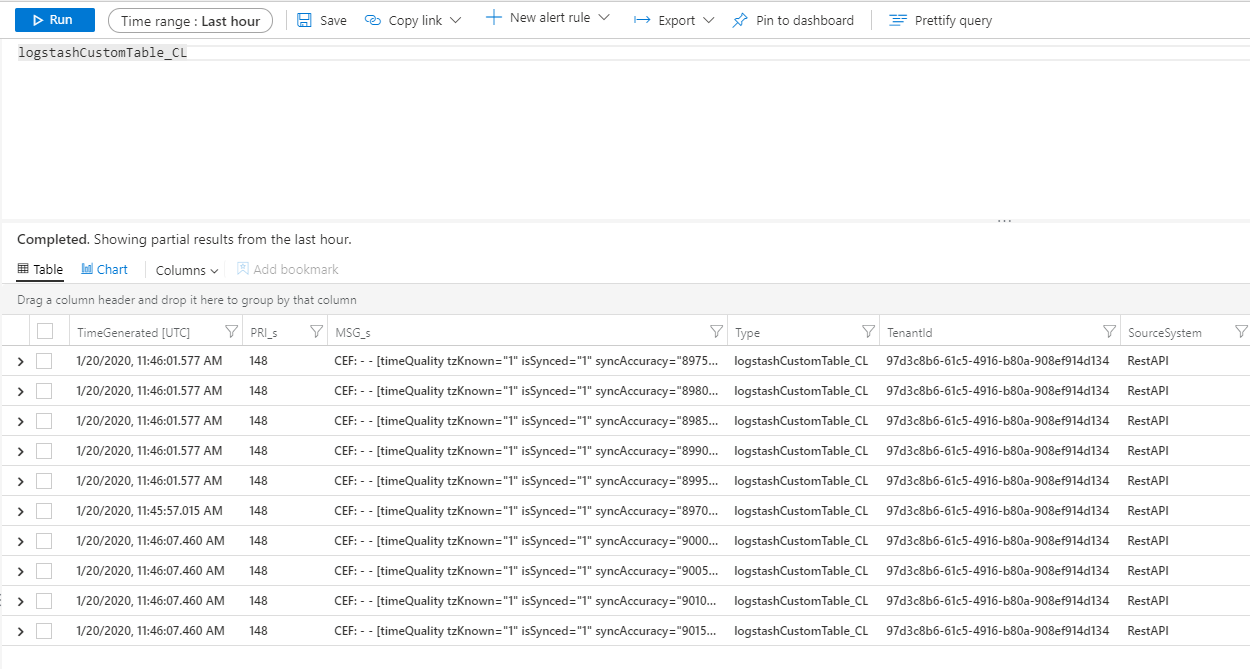 Capture d’écran d’une requête dans les journaux personnalisés Logstash.