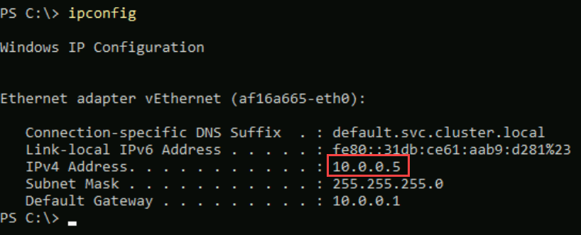 Capture d’écran de la sortie ipconfig dans l’invite PowerShell du conteneur test.