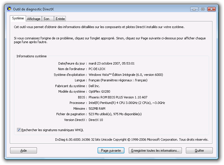 Capture d'écran : Outil de diagnostic DirectX