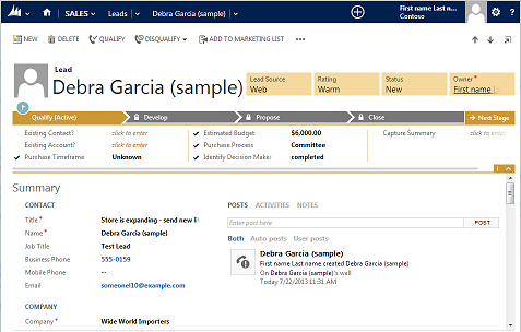 Formulaire Ventes dans Dynamics CRM