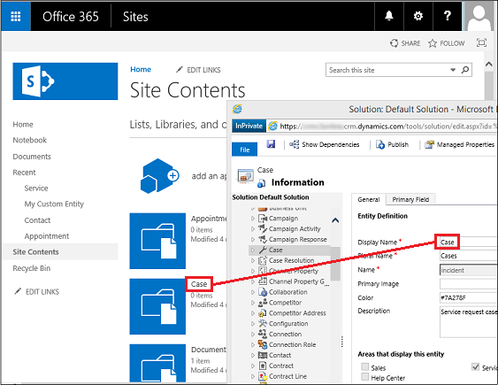 Nom de la bibliothèque SharePoint et nom complet de l'entité