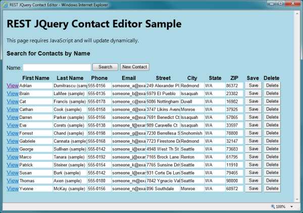 Exemple d'éditeur de contact JQuery REST