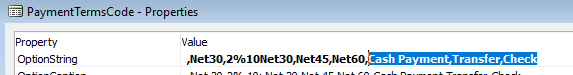 Screenshot that shows Cash Payment, Transfer, Check highlighted in the Option String field.