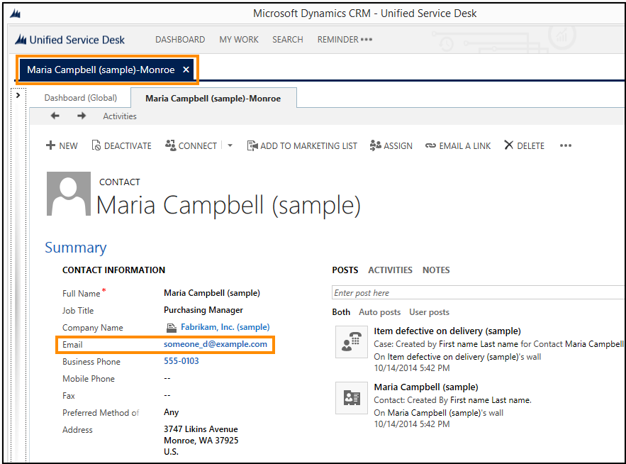 Enregistrement de contact Dynamics 365 correspondant affiché dans une session