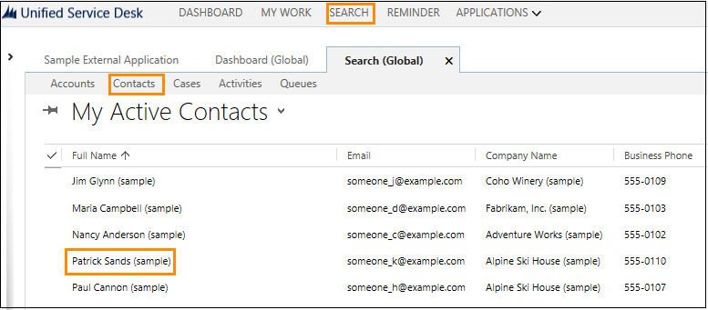 Liste des contacts dans Unified Service Desk