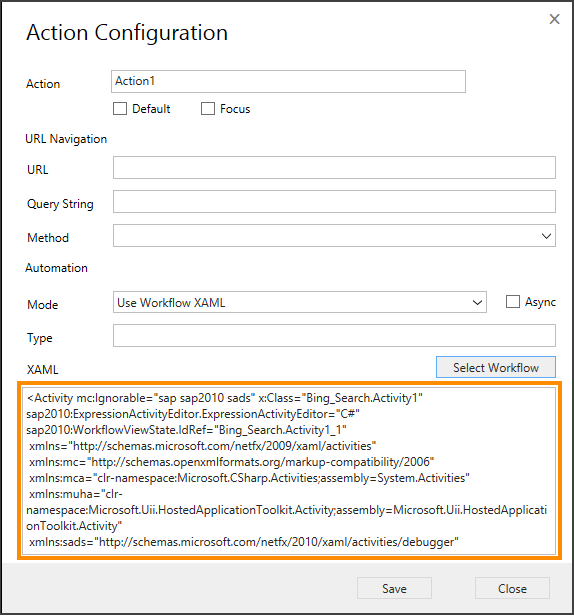 XAML du workflow sélectionné