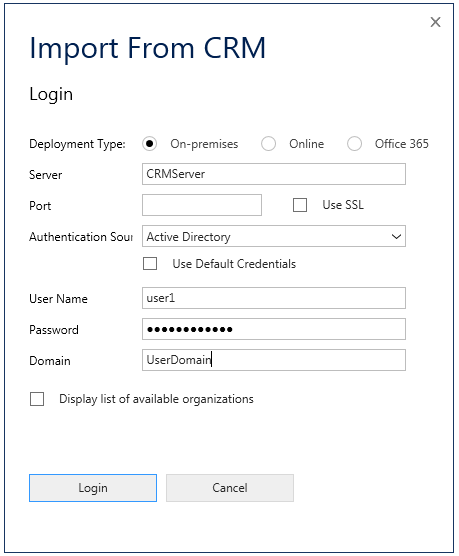 Capture d'écran d'importation à partir de la boîte de dialogue CRM