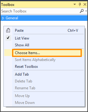 Sélectionner Choisir les éléments de la boîte à outils