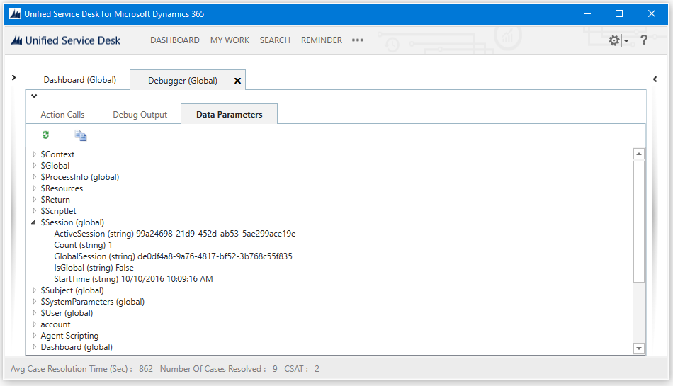 Onglet des paramètres de données de débogage d'Unified Service Desk