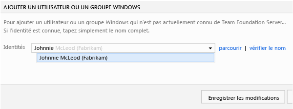 Zone d'entrée Compte dans la boîte de dialogue Ajouter un utilisateur ou un groupe