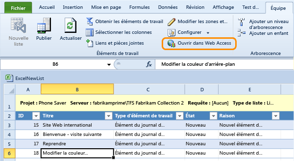 Ouvrir un élément de travail dans TWA à partir d'Excel