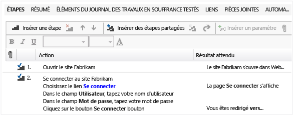 Définir des étapes de cas de test