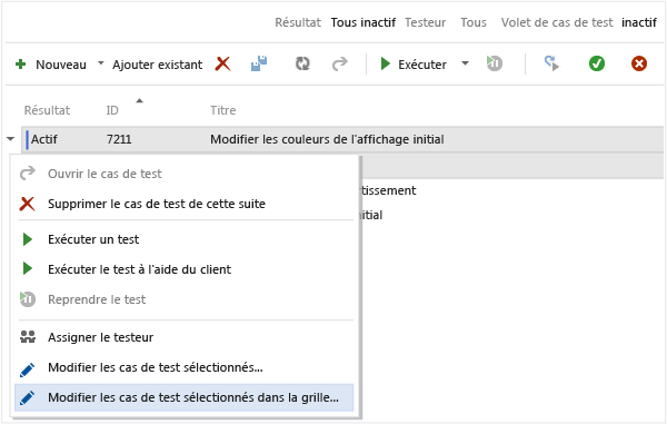 Sélectionner les cas de test à modifier dans la grille