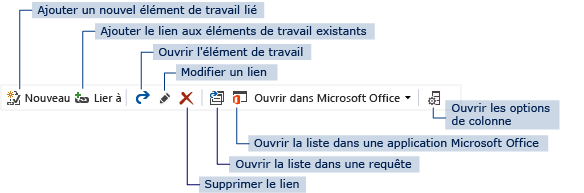 Contrôles de barre d'outils du lien du formulaire d'élément de travail