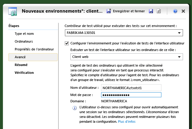 L'onglet Avancé dans l'assistant du nouvel environnement.