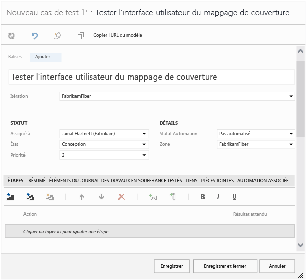 Formulaire d'élément de travail du cas de test