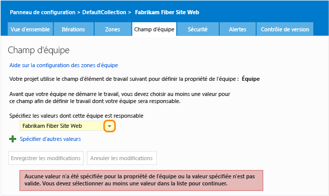 Champ d'équipe non configuré pour un projet d'équipe